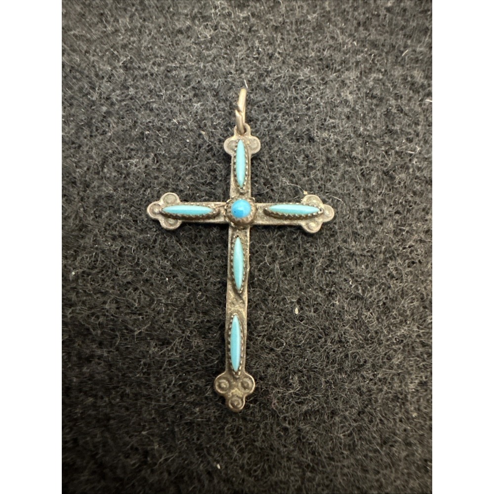 Zuni Cross Vintage 1" Sterling Silver NeedlePoint Turquoise Signed Vintage